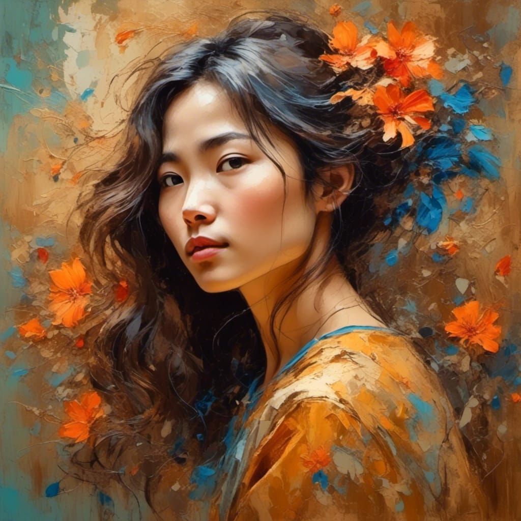 Asian Woman Portrait in Vivid Impasto Oil Painting