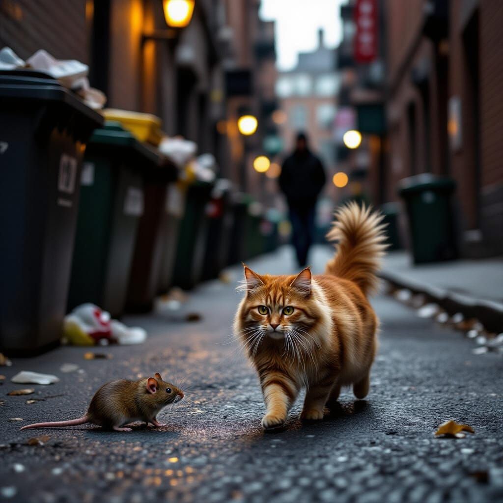 Photorealistic Cat Chases Rat Through Grimy City Street