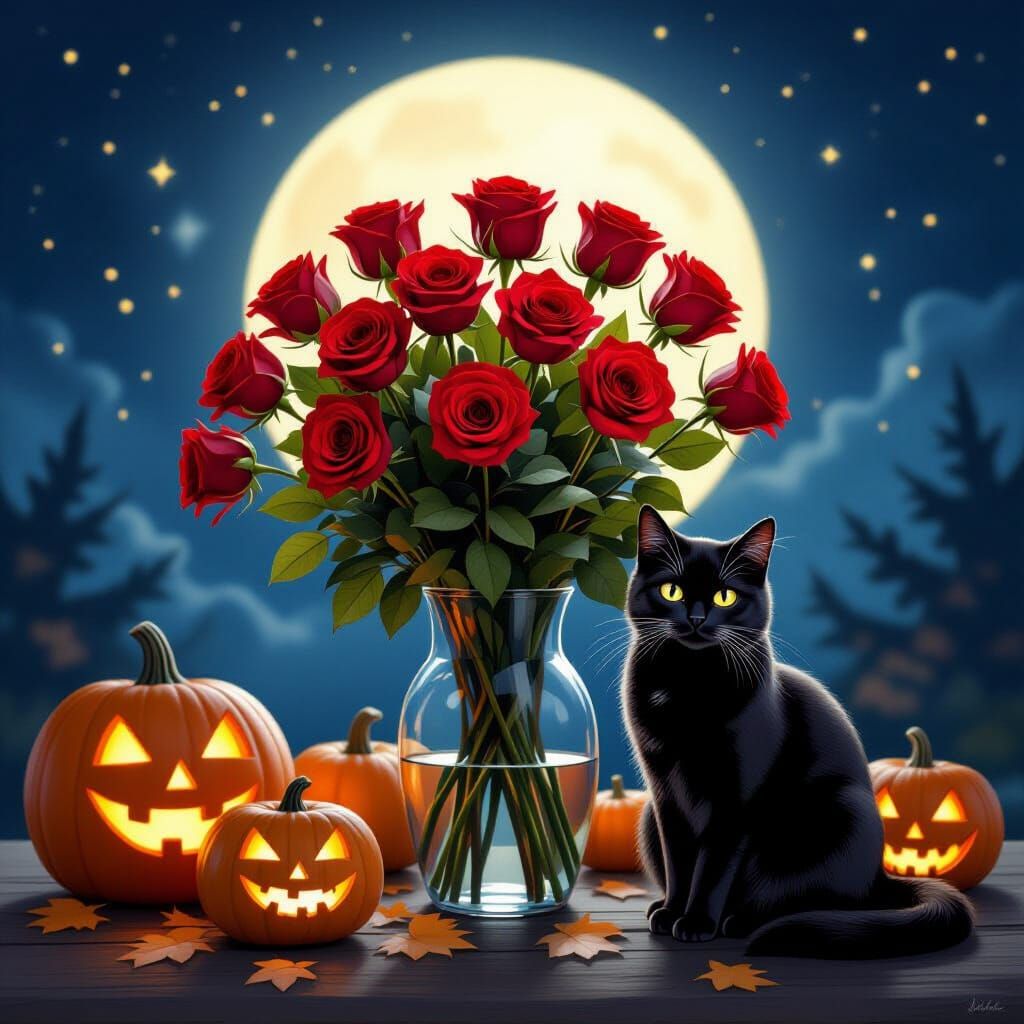 Black Cat and Roses on Moonlit Autumn Night