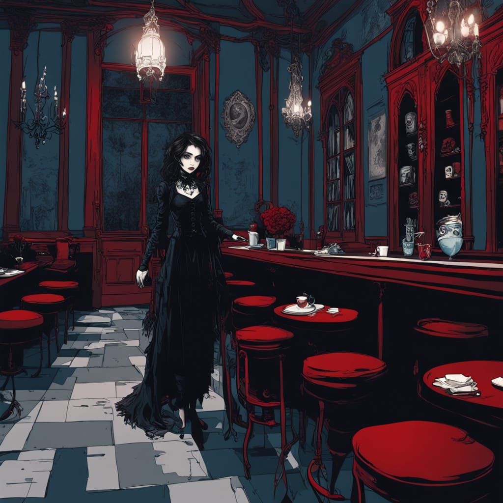 Goth Model in Victorian Coffee Shop