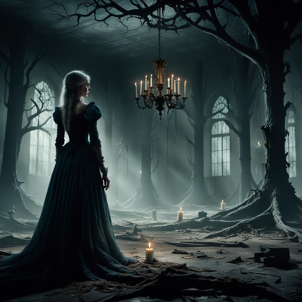 Eerie Woman in Abandoned Ballroom: Gothic Horror