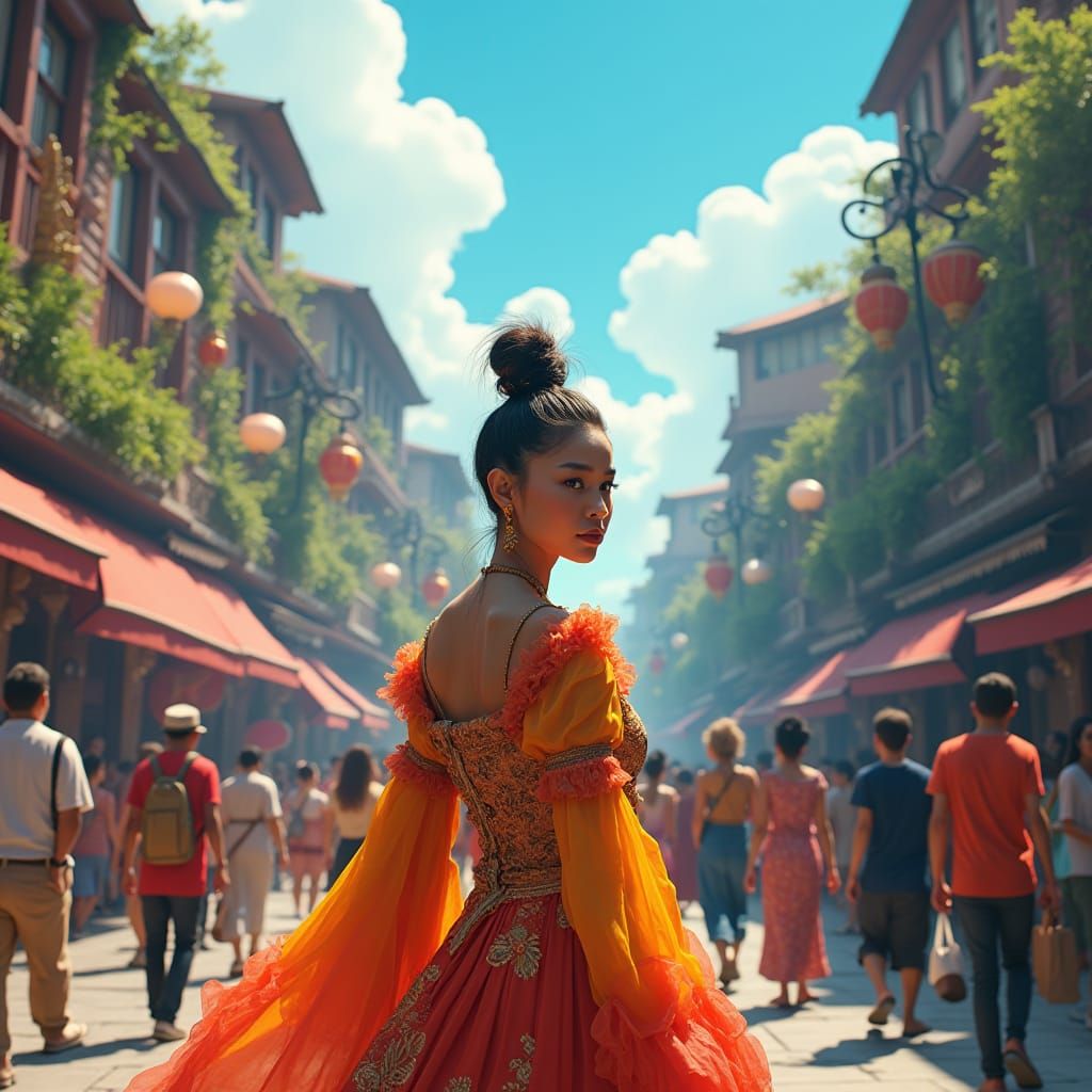 Woman in City Crowd: Fantasy Concept Art