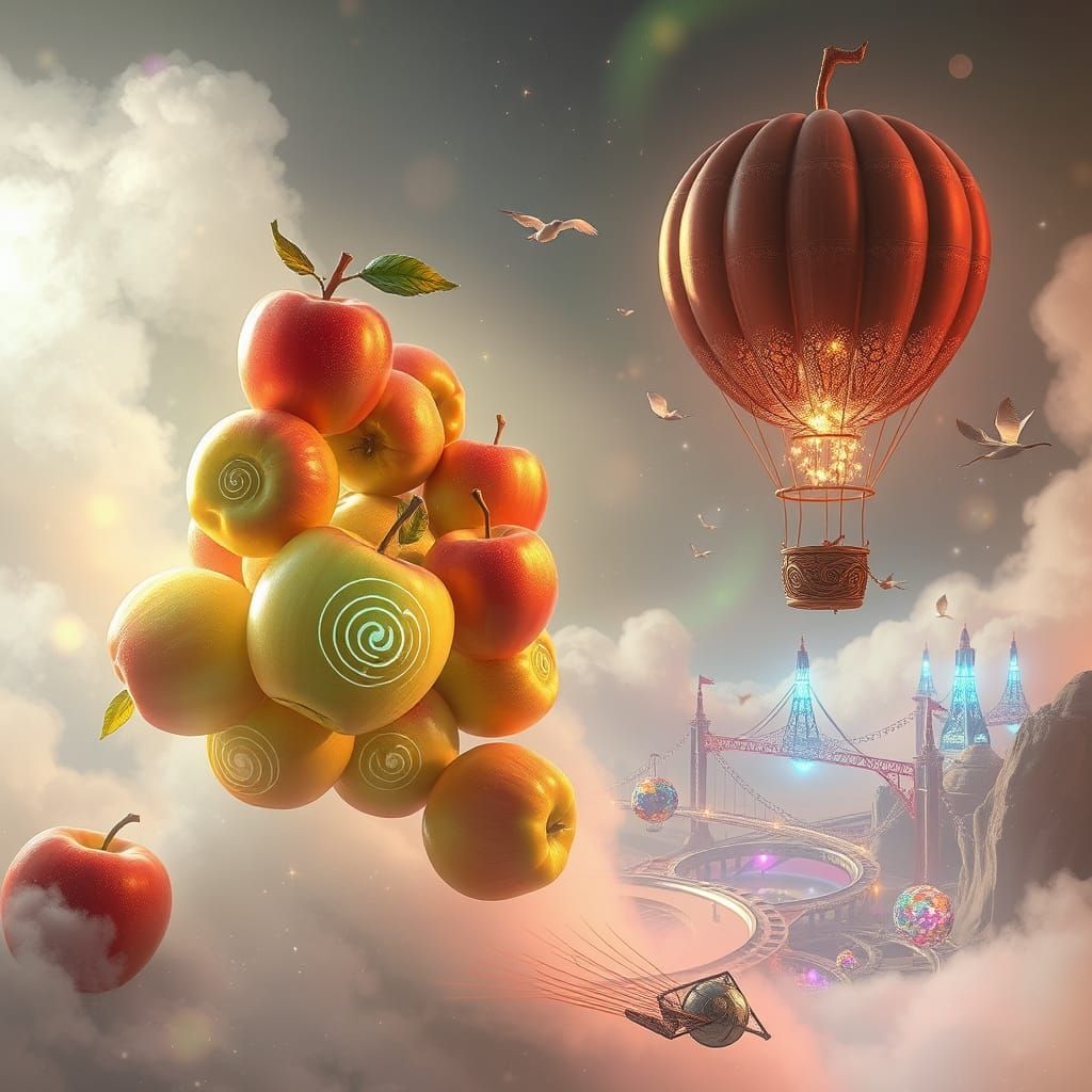 Surreal Cloud Realm Beckons with Glowing Apples and Shimmeri...