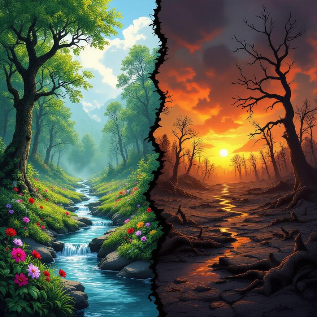 Forest vs Wasteland Split Image: Digital Matte Painting