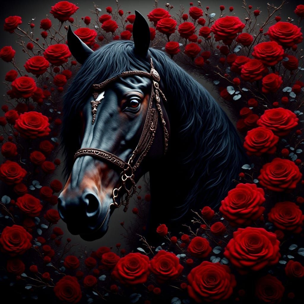 Majestic Black Friesian Horse Amid Red Roses