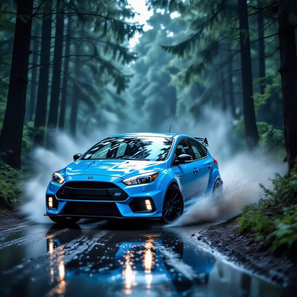 Electric Blue Ford Focus RS Drifting Forest Path