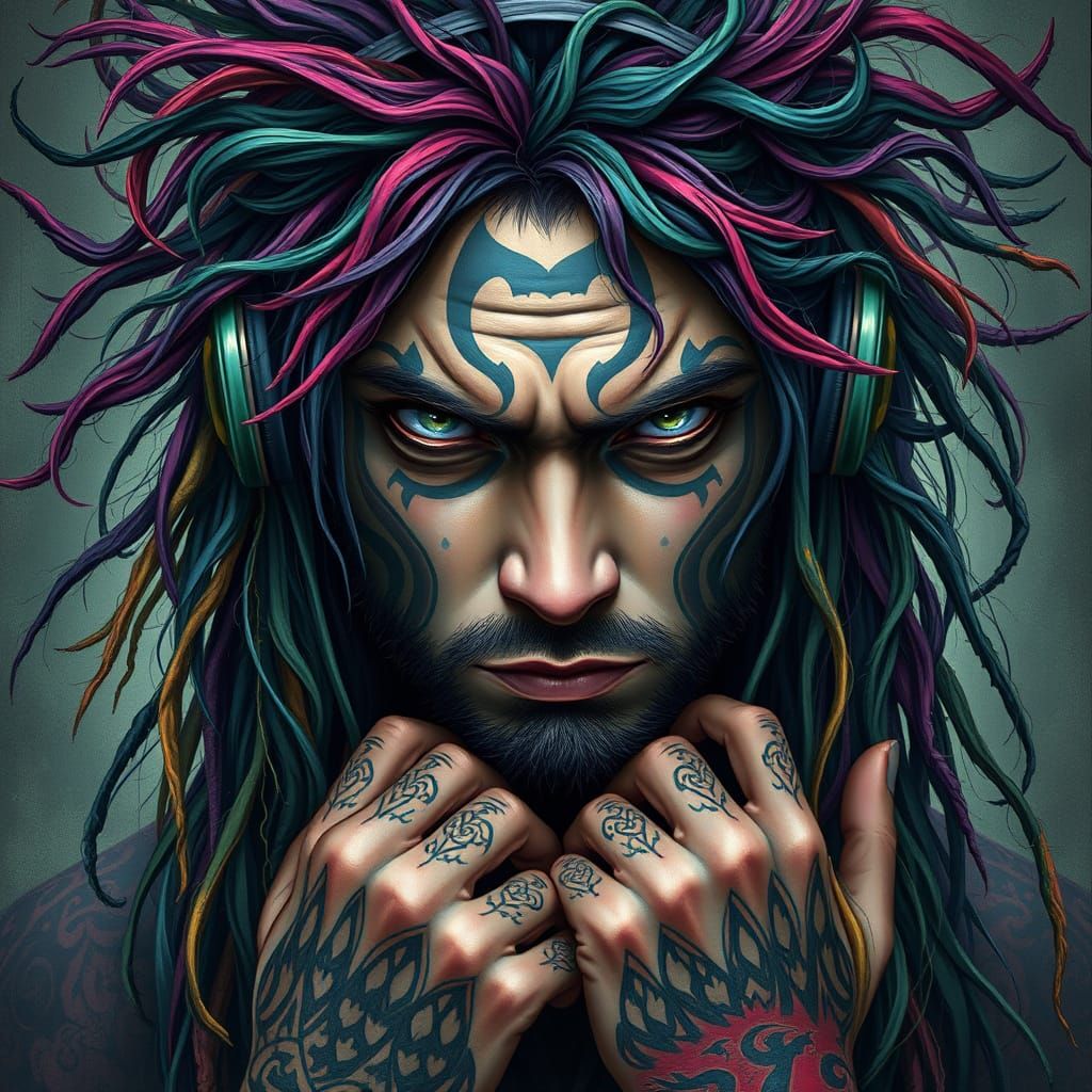 Gothic Druid DJ in Vibrant, Multicolored Hues