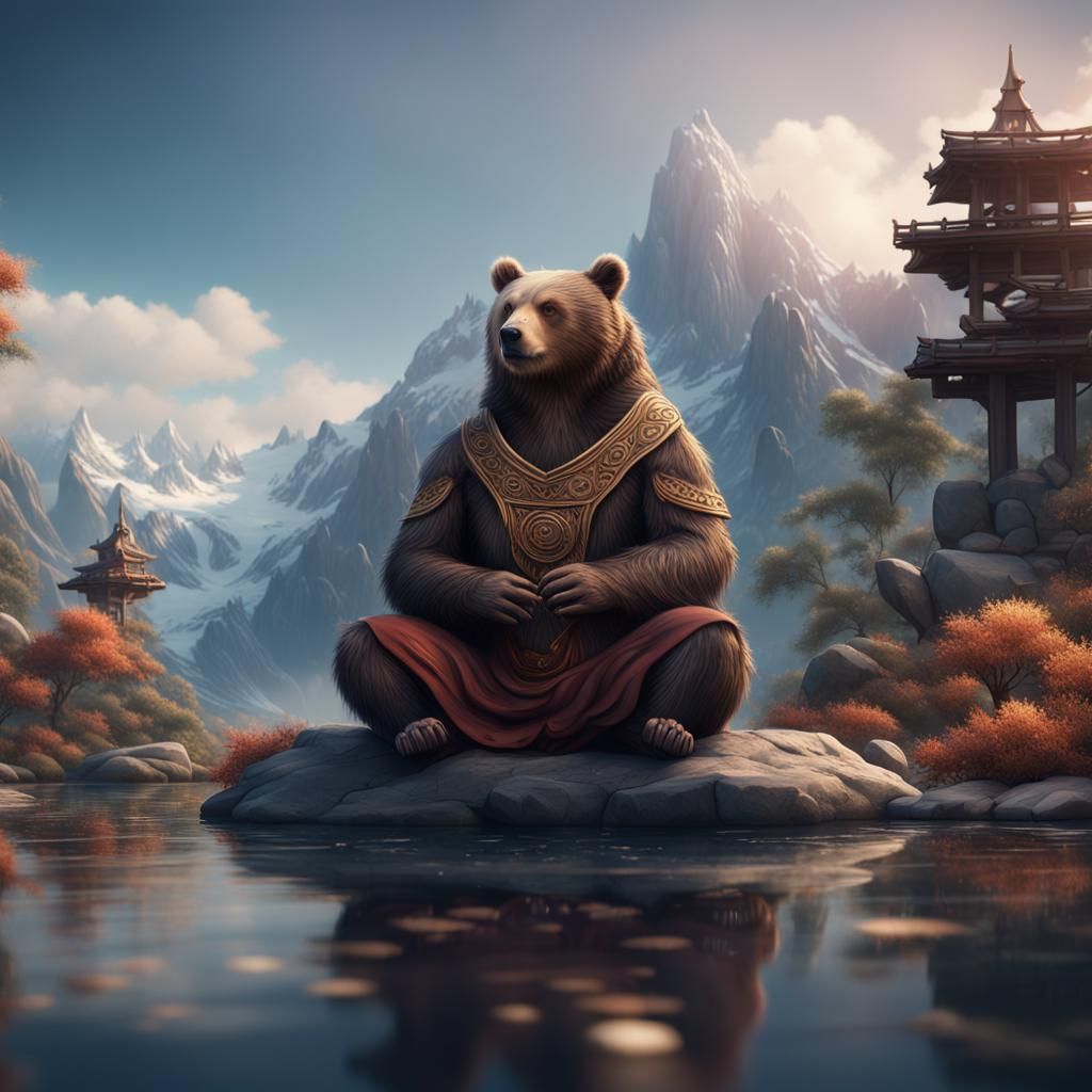 Zen Bear Meditating in Mountain Landscape