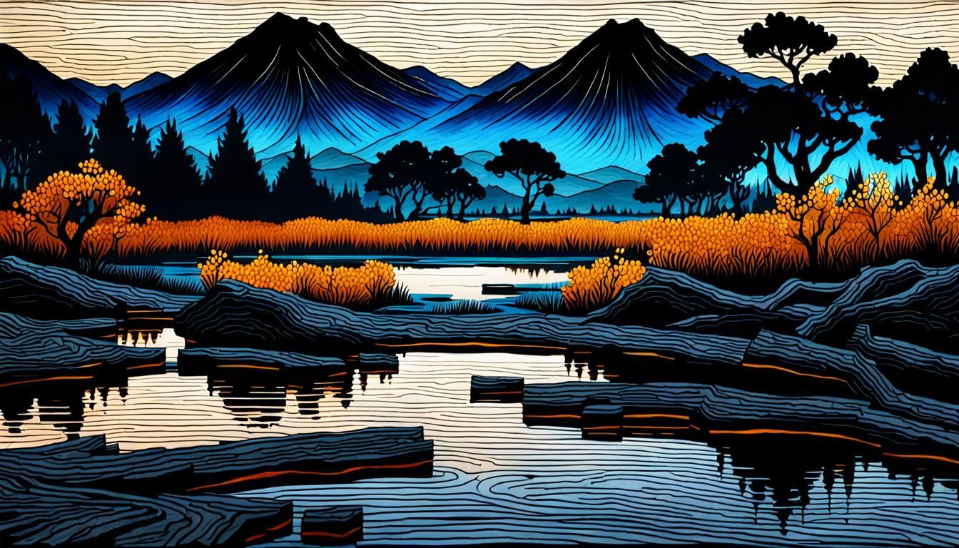 Burned Wood Mosaic Landscape in Yakisugi-ita Style