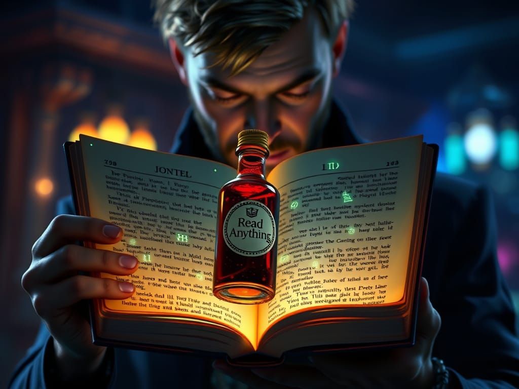 Man Reads Glowing Hieroglyphs in Fantasy Matte Painting