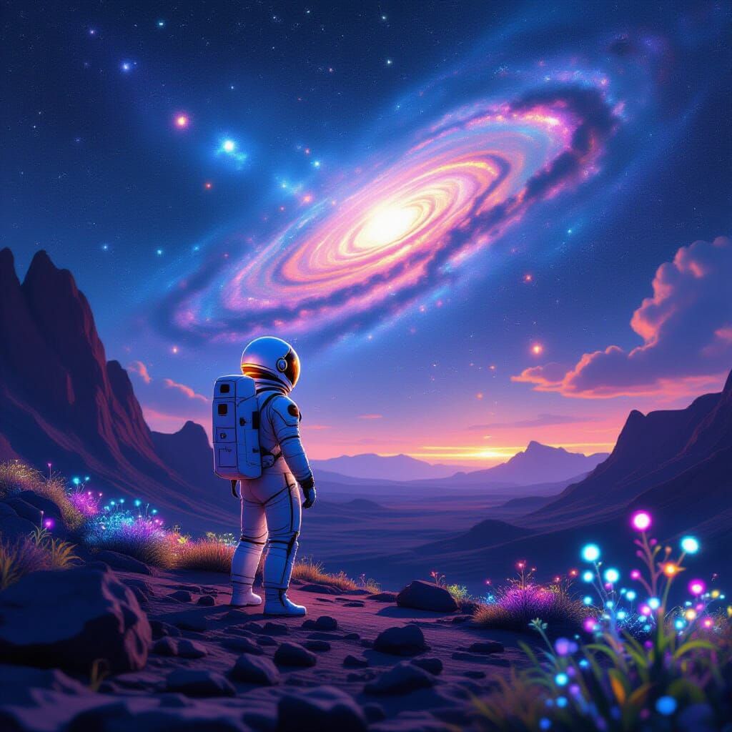 Astronaut Stargazing on Alien Planet in Dreamlike Scene
