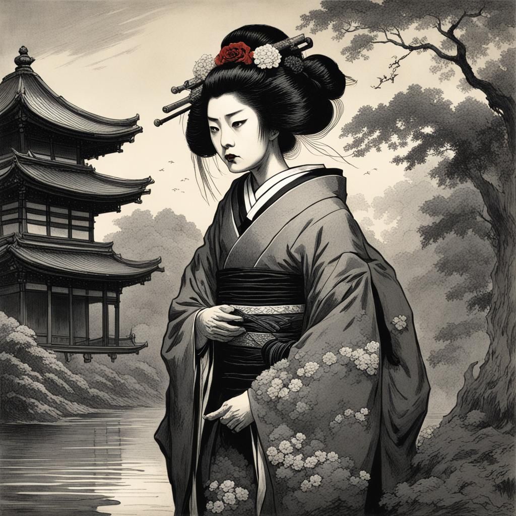 Horrific Geisha Illustration in Gustave Doré Style