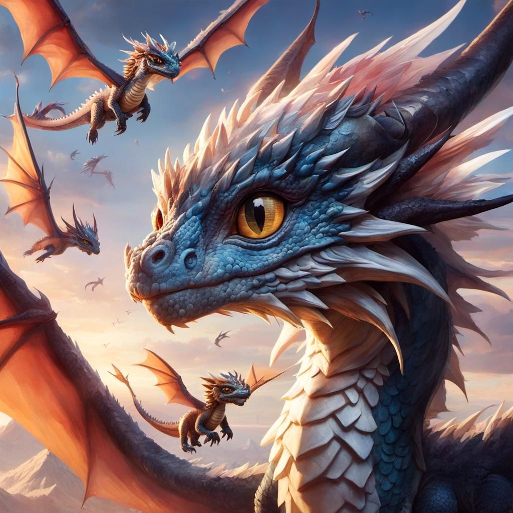 Anime Dragons Flying at Dawn in Hyperrealistic Style