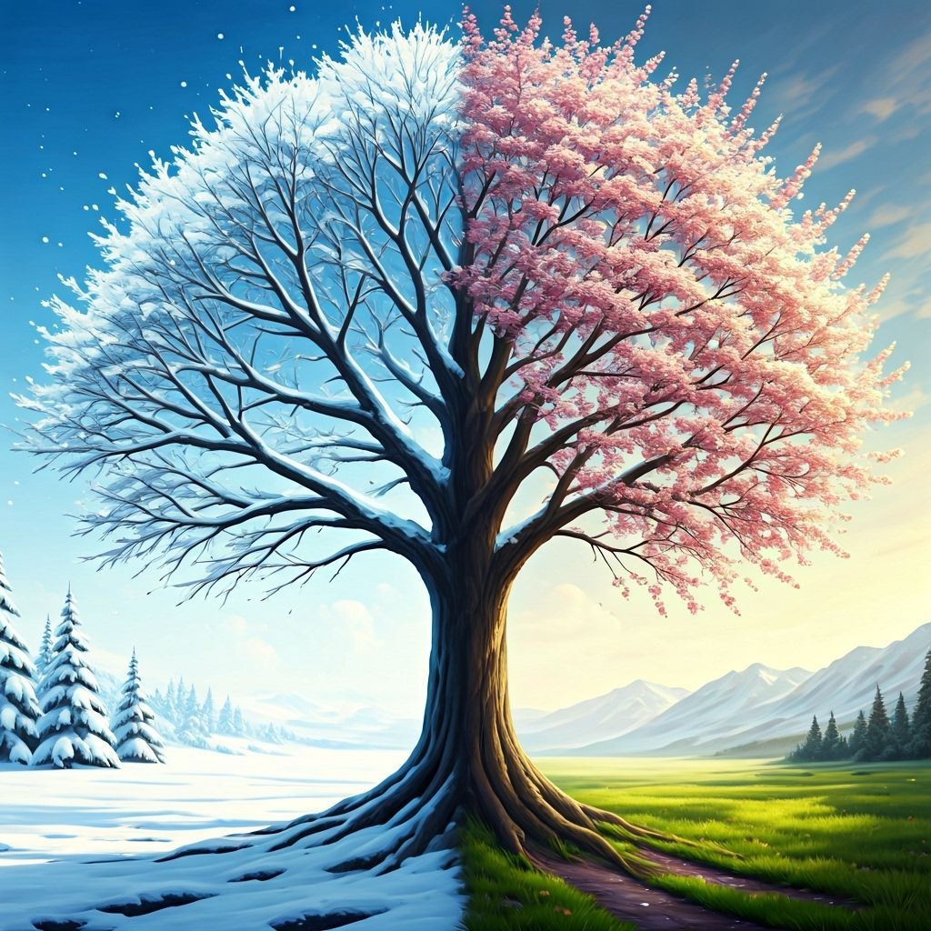 Tree Divided: Winter Snow Meets Spring Blossoms