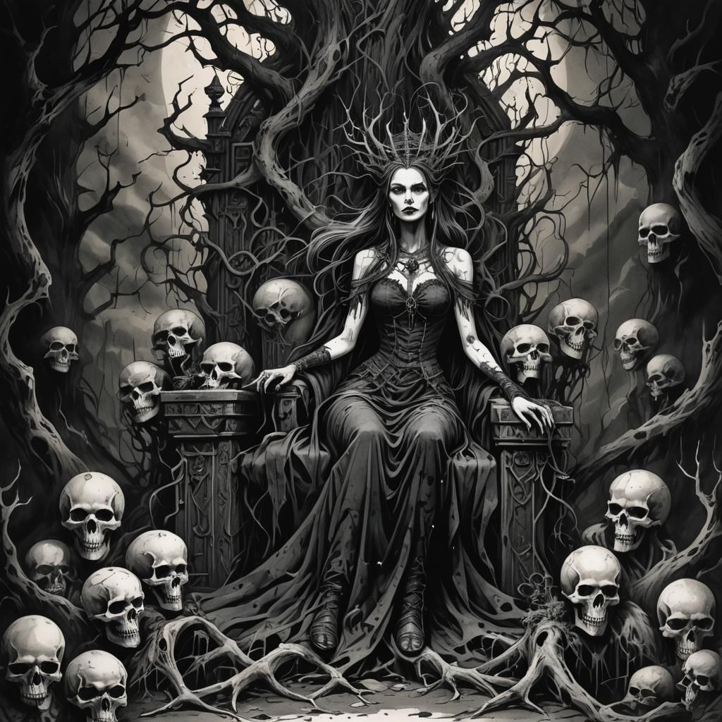 Lilith, Queen of Demons, in Gothic Ink Wash Style