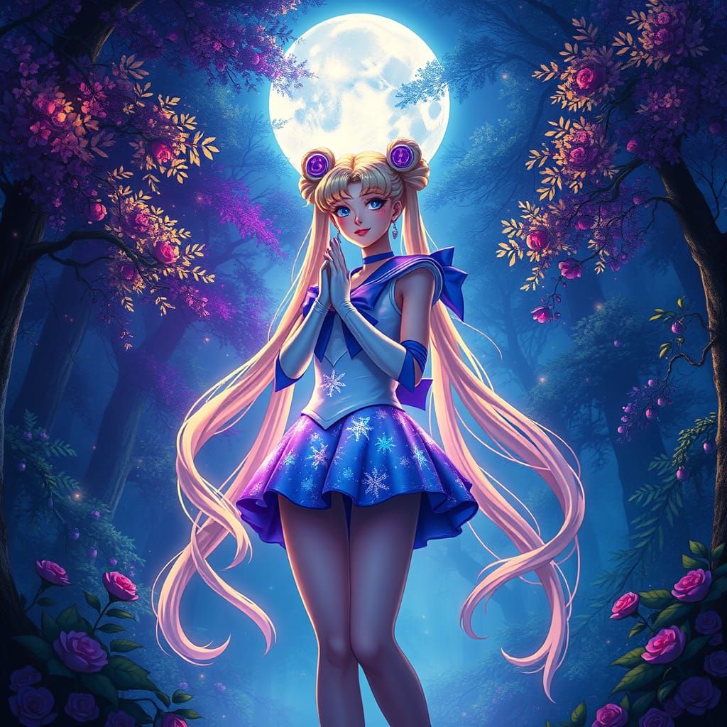 Sailor Moon Goddess in Moonlit Forest with Dark Fantasy Twis...