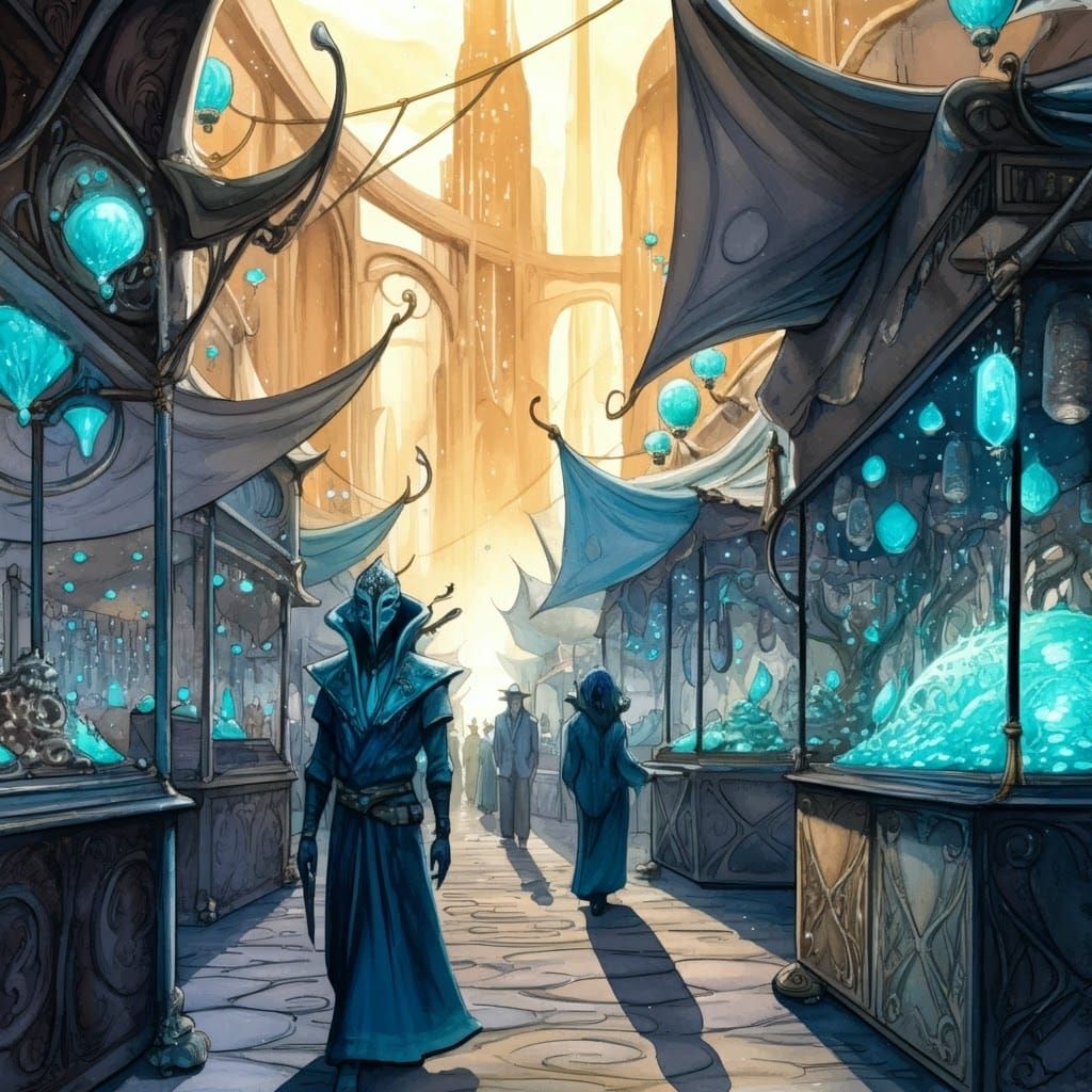 Enchanted City Market with Floating Rings, Watercolor Art