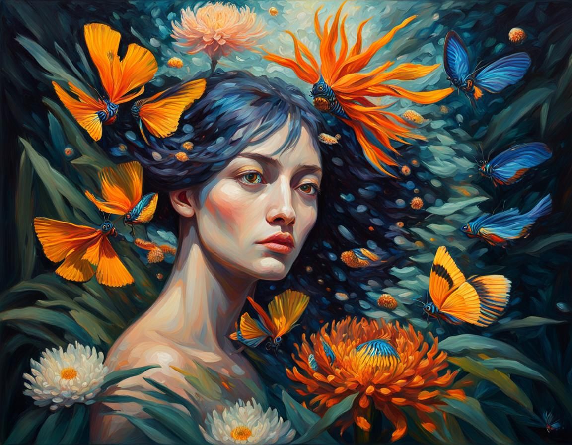 Neo-Impressionist Portrait with Butterflies and Chrysanthemu...