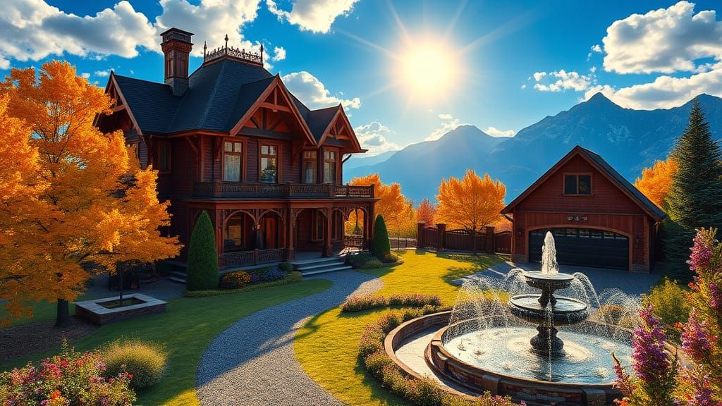 Majestic Victorian Mansion Amidst Vibrant Trees and Misty Mo...