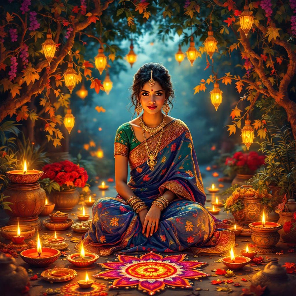 Diwali Celebration: Woman in Saree with Lanterns and Rangoli