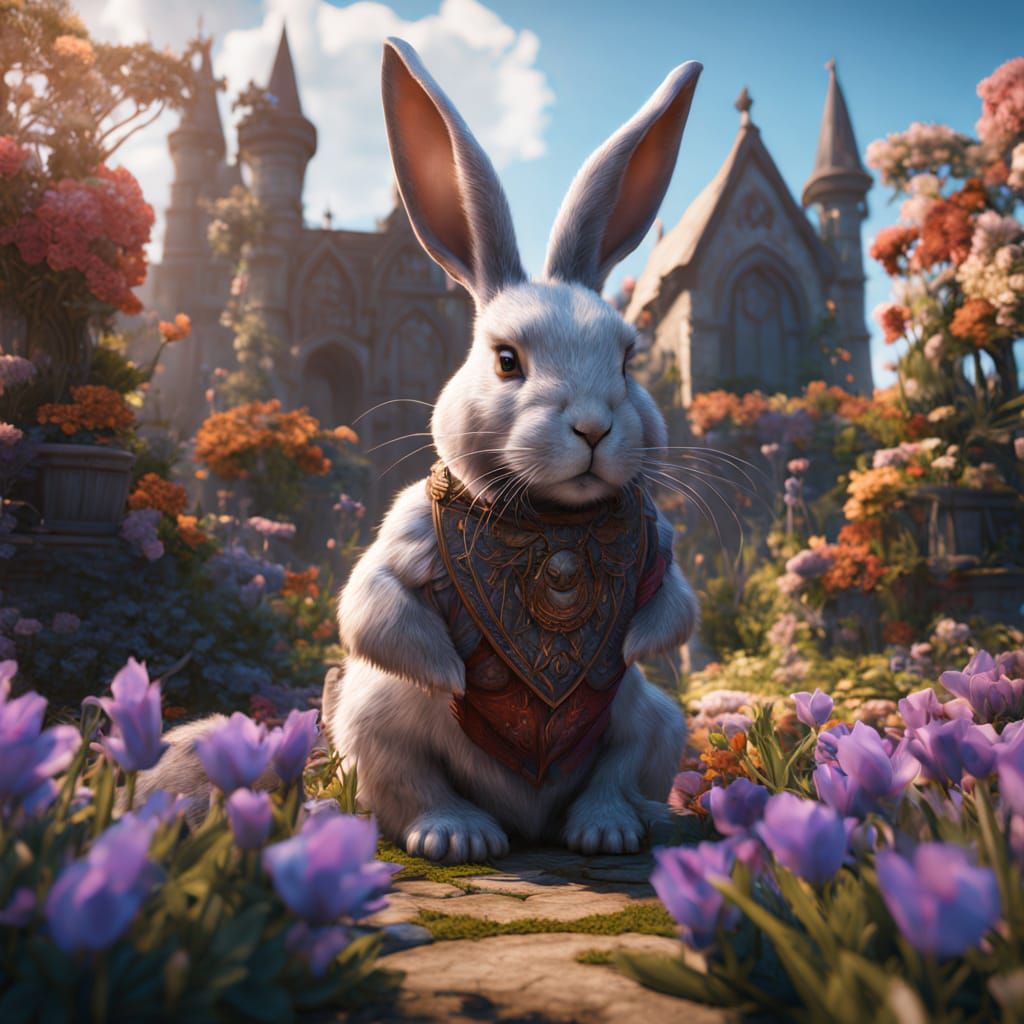 Fluffy Rabbits in a Vibrant Flower Garden