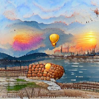 Sunset Over Bay with Floating Lanterns
