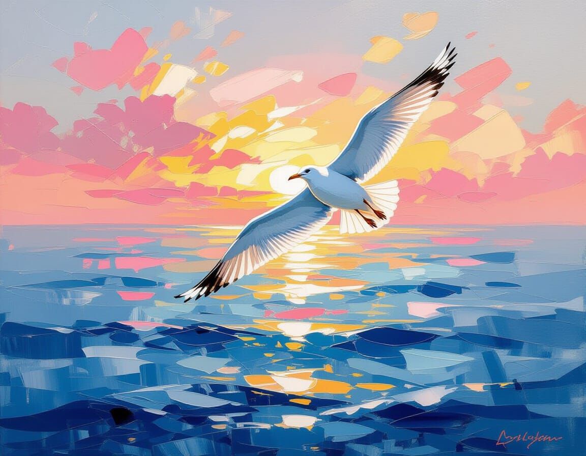 Seagull Glides Above Sea at Sunset: Impressionistic Painting