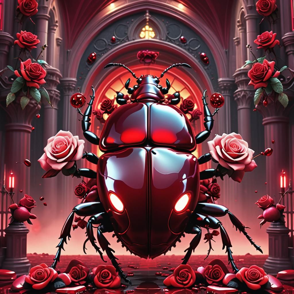 Giant Red Beetle in Surreal Gothic Setting