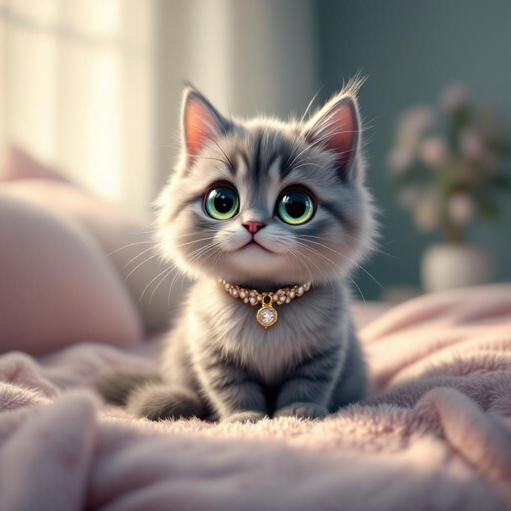 Fluffy Grey Cat with Green Eyes in 3D Anime Style