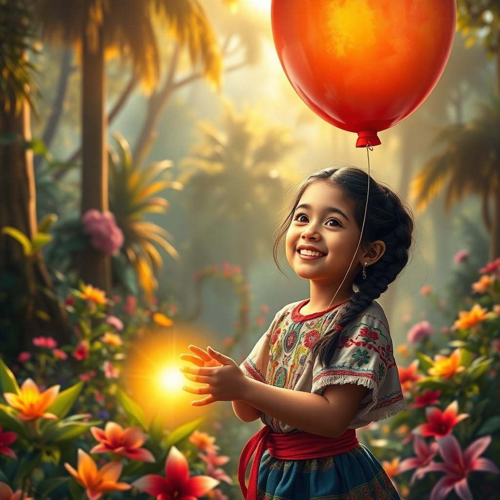 Peruvian Girl in Vibrant Garden Wonderland