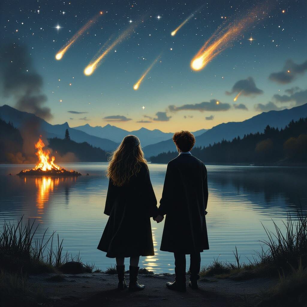 Hermione and Ron Under Comet Sky, in Dreamlike Style