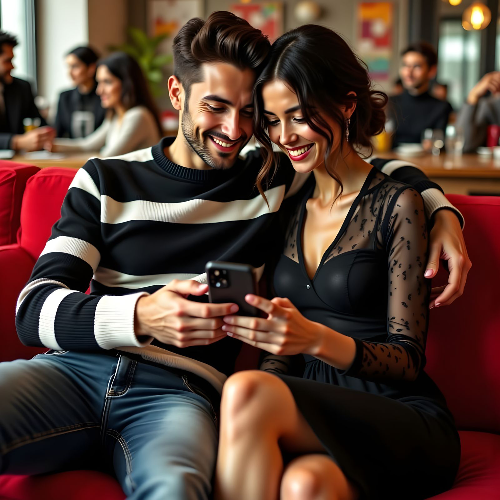 Couple Cozy on Red Couch, Engaged with Smartphone