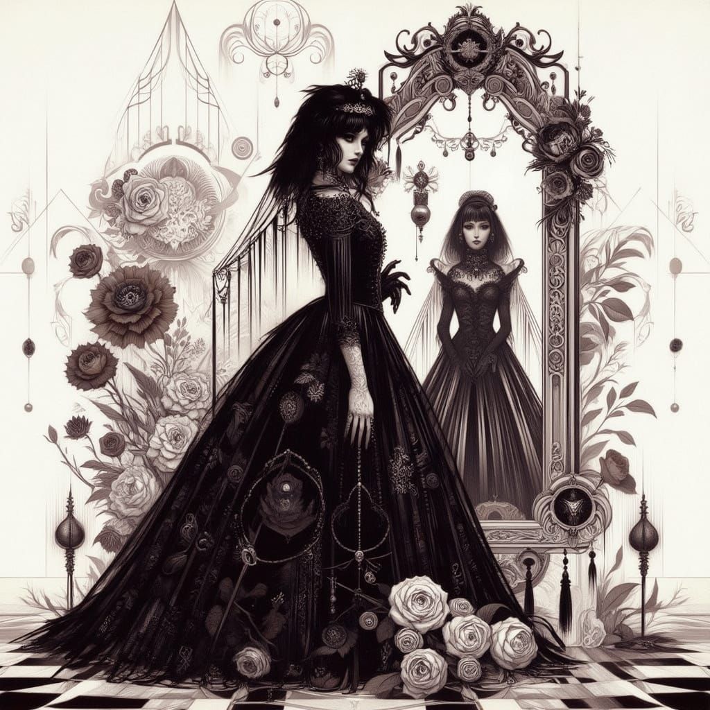 Gothic Women in Black Dresses with Flowers