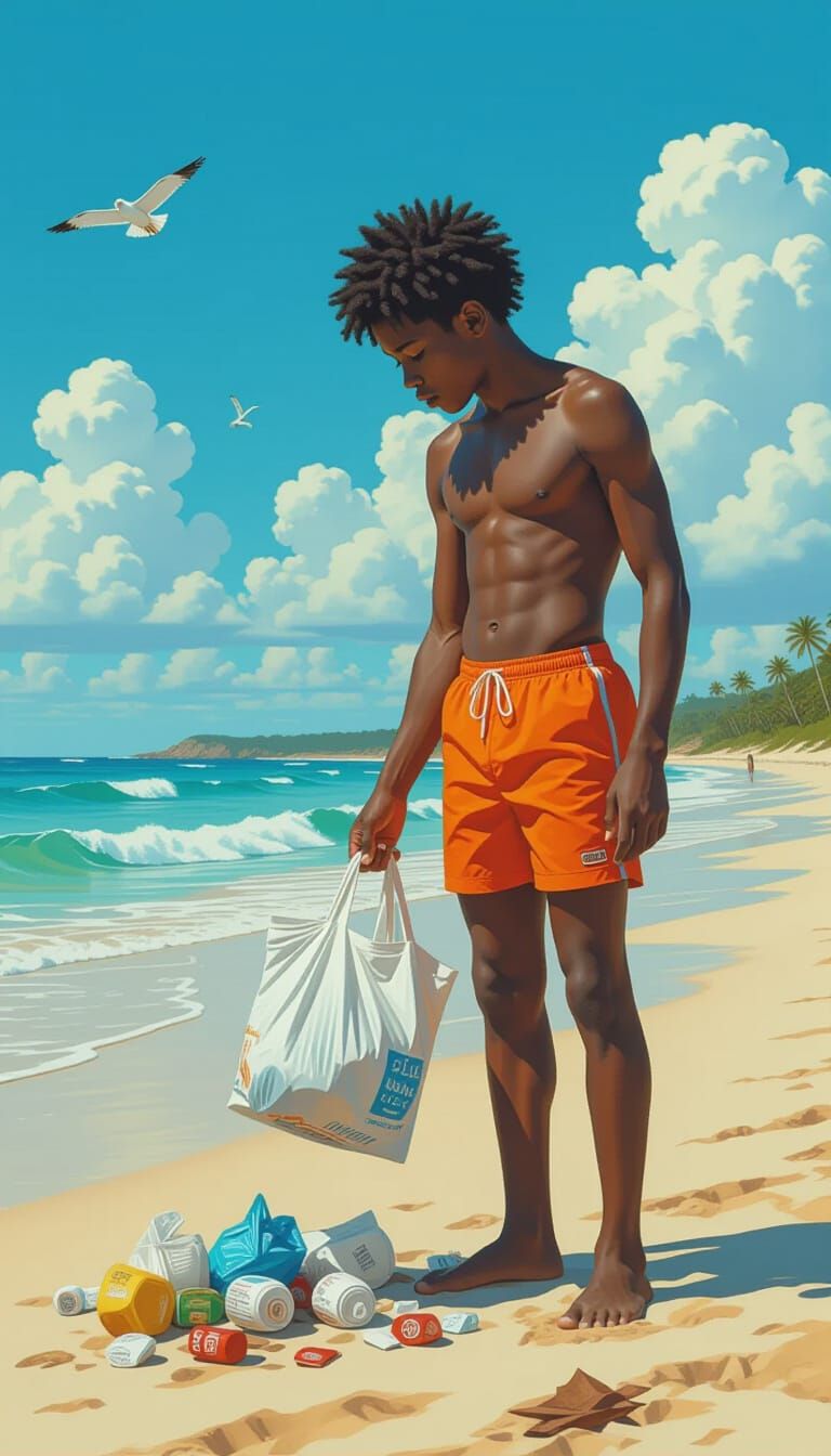 Boy Cleans Beach: Matte Painting Inspired by Stalenhag