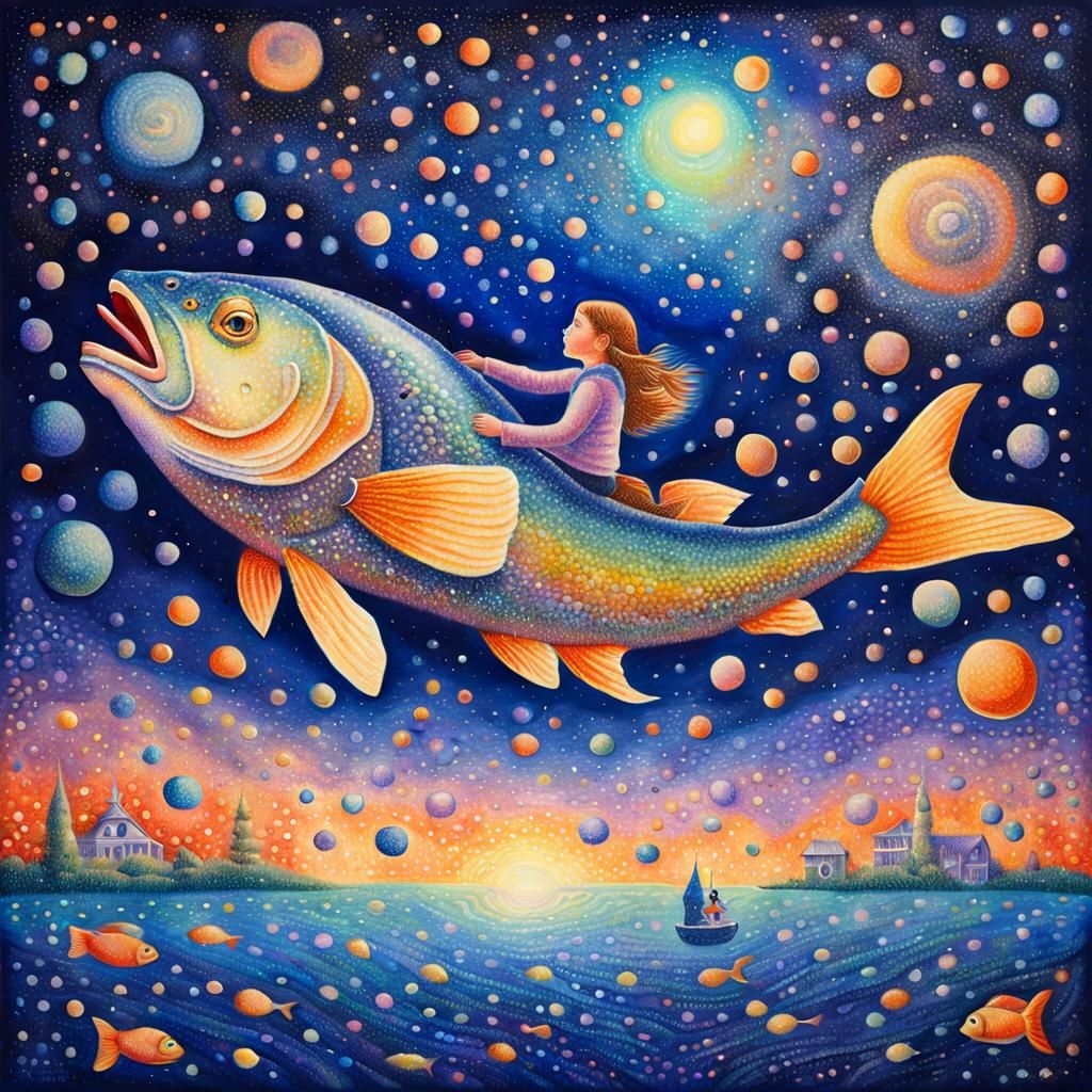 Girl Rides Fish Through Galaxy in Pointillism Style