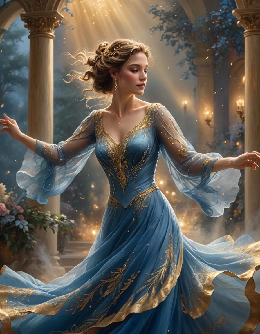 Woman Dancing in Blue Gown, Ethereal Digital Art