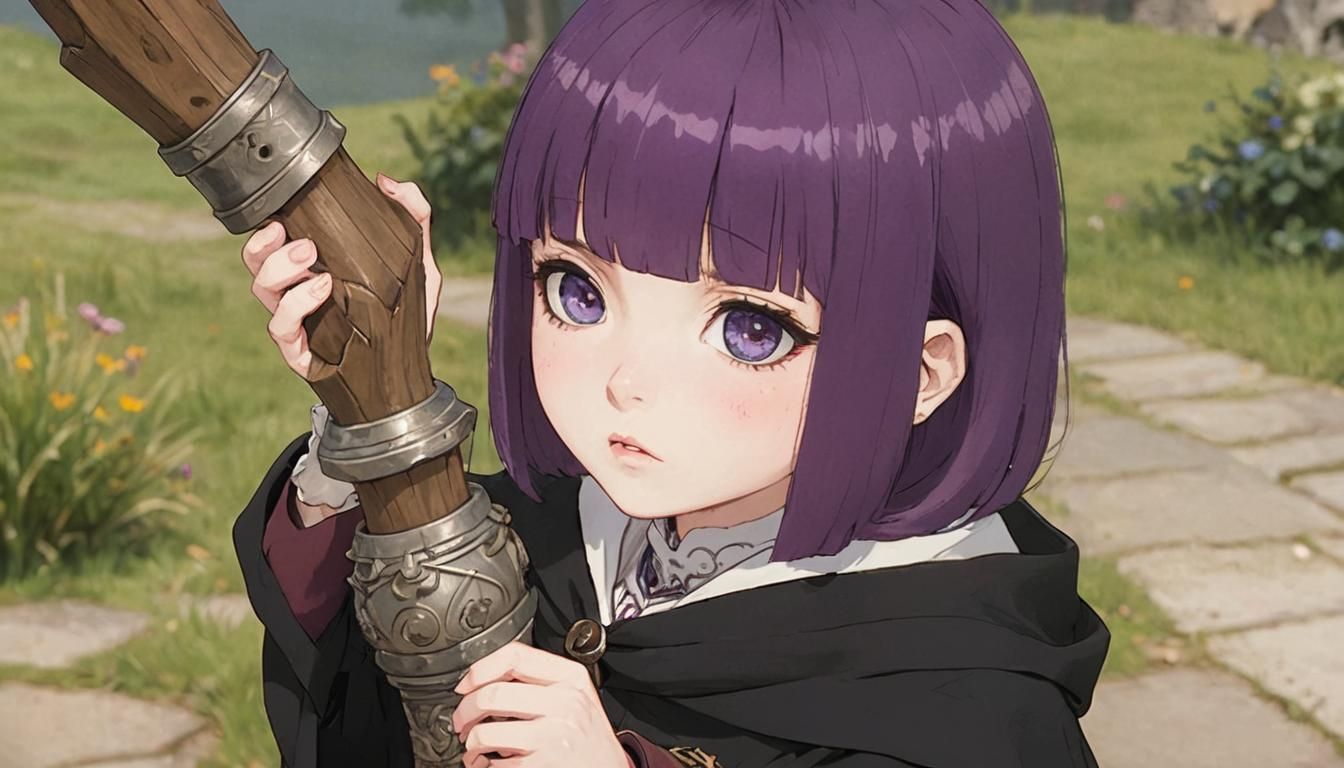 Young Girl with Purple Hair and Staff