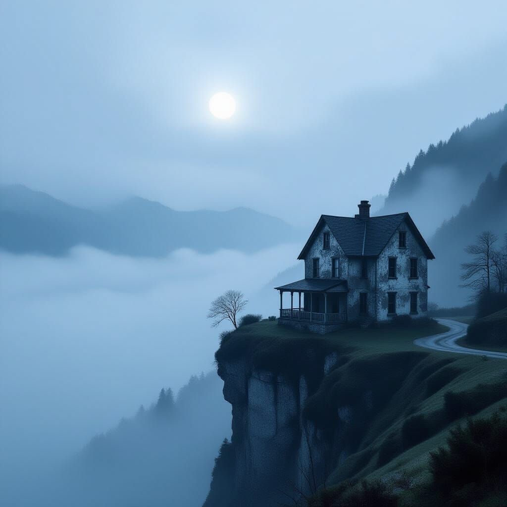 Eerie Foggy Mountain House on Cliff Edge