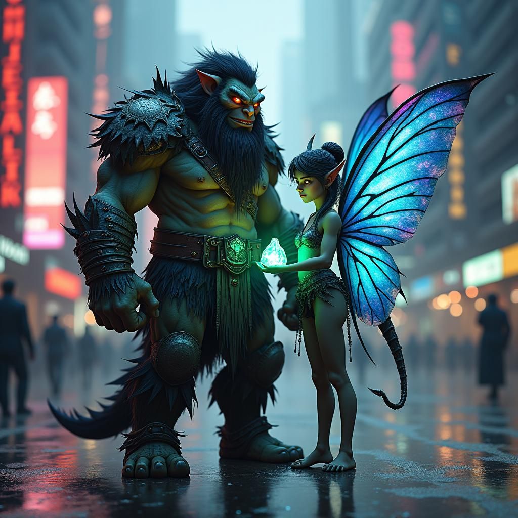 Troll Hunter and Fairy in Cyberpunk Cityscape