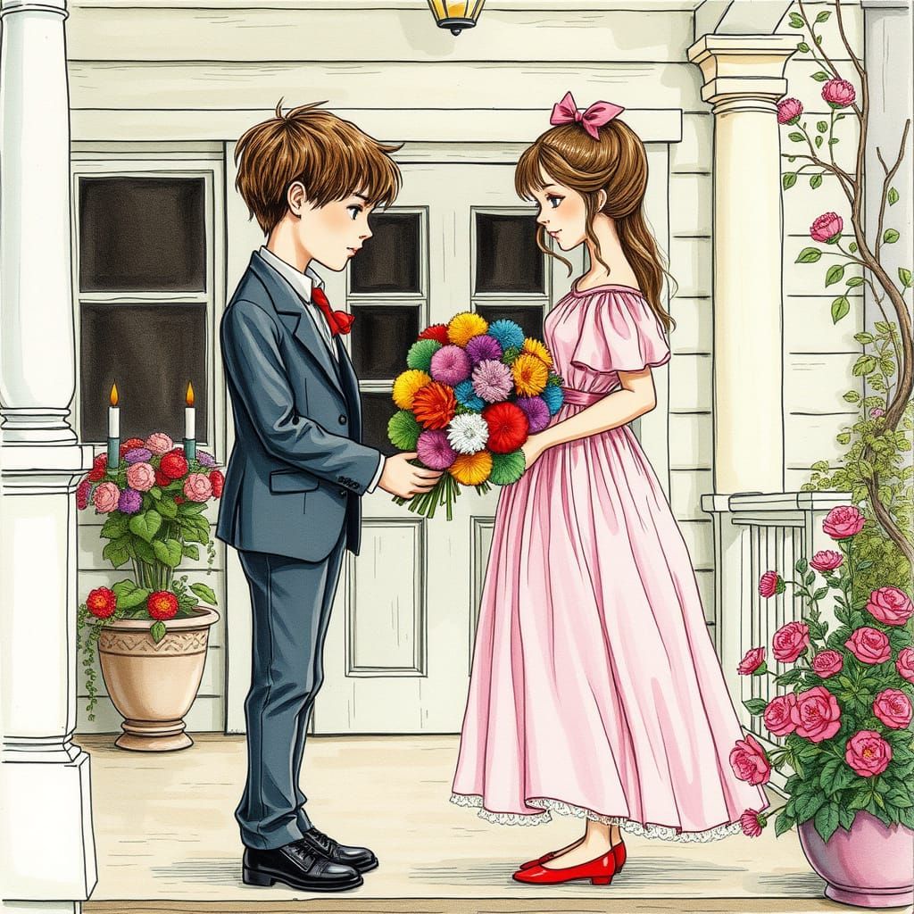 Romantic Storybook Scene of Young Love on a Porch