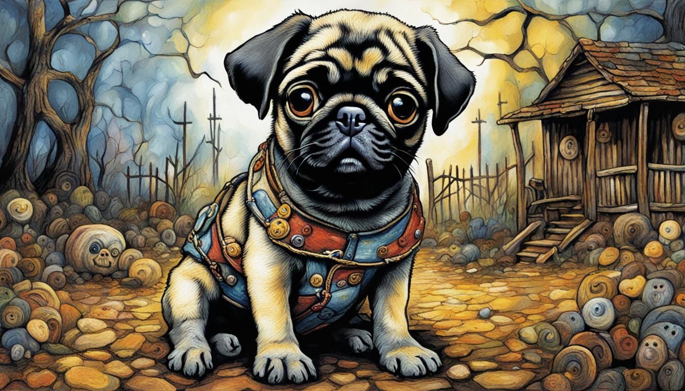 Colorful Baby Pug Portrait in Dark Fantasy Style