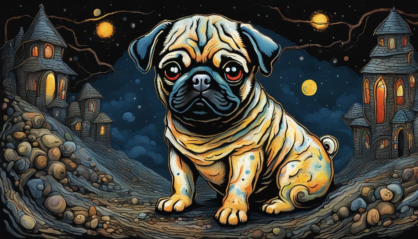 Colorful Portrait of a Baby Pug in Dark Fantasy Style
