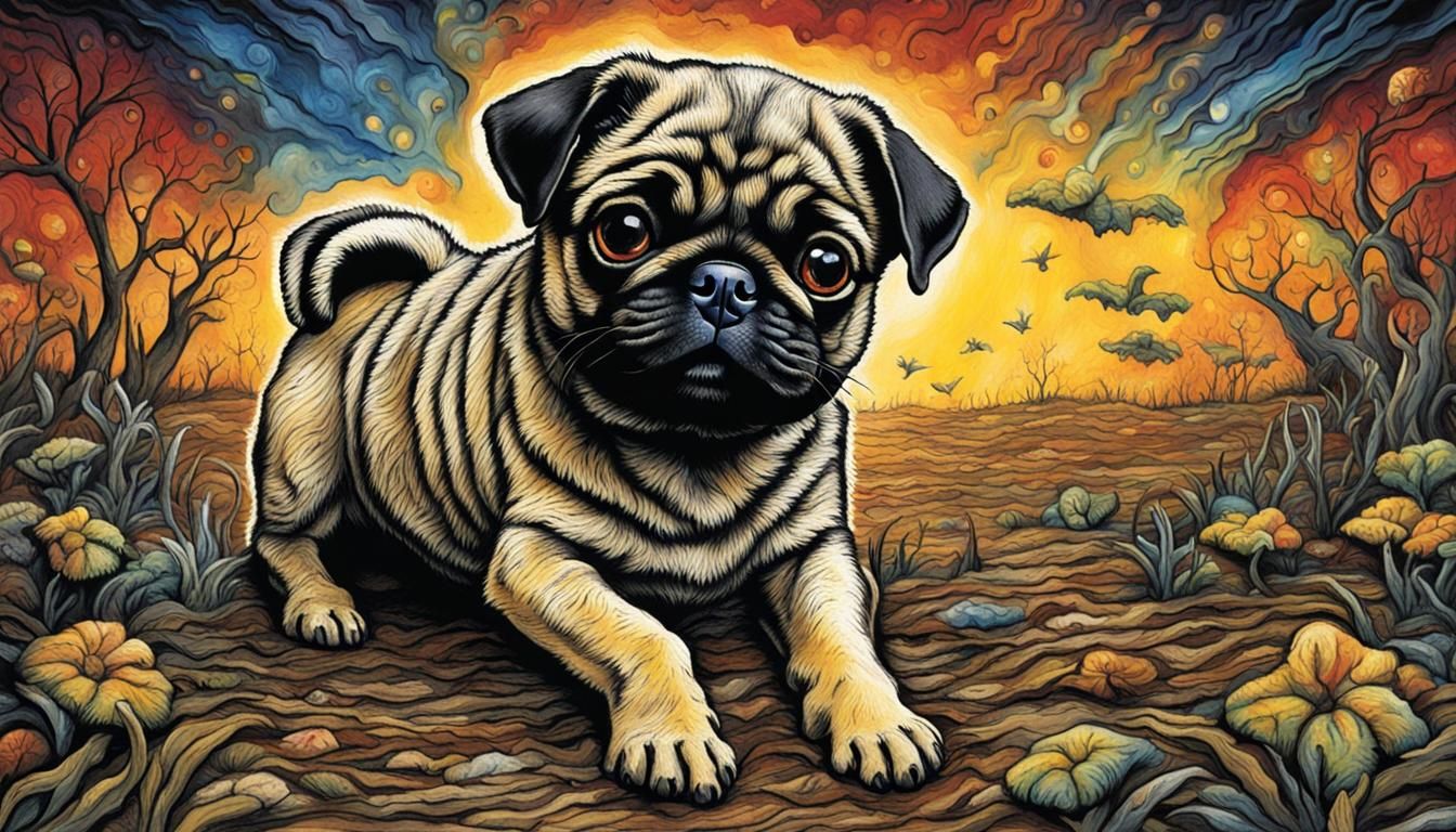 Vibrant Baby Pug Portrait in Dark Fantasy Style