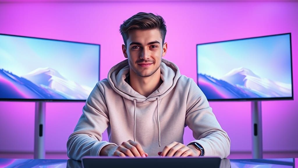 Young Man in Futuristic Study with 8K Monitors