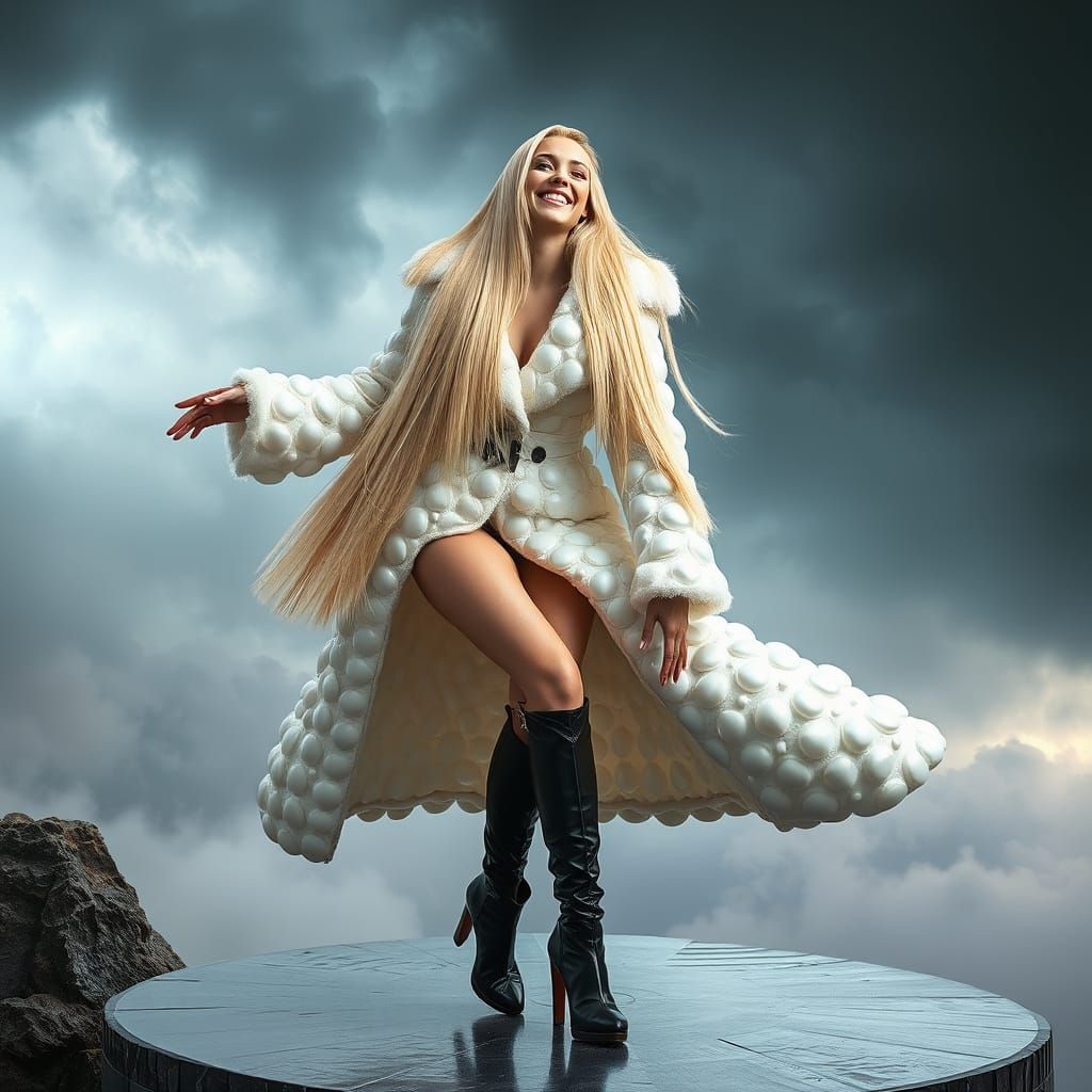 Haute Couture Model in Dynamic Pose with Fractal Swirls