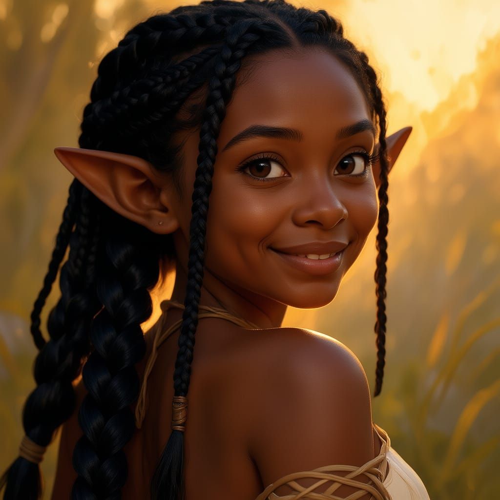 Beautiful Halfling Woman with Bohemian Braids in Golden Hour...