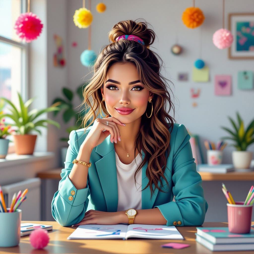 Woman in Pom Pom Office, Surreal Digital Art