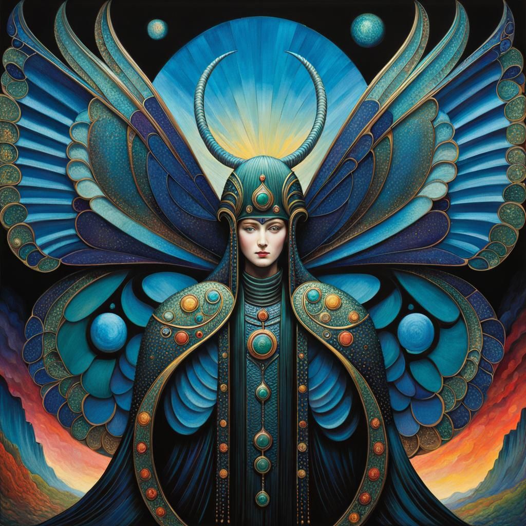 Geisha in Bioluminescent Kimono Armor, Klimt and Giger Style...