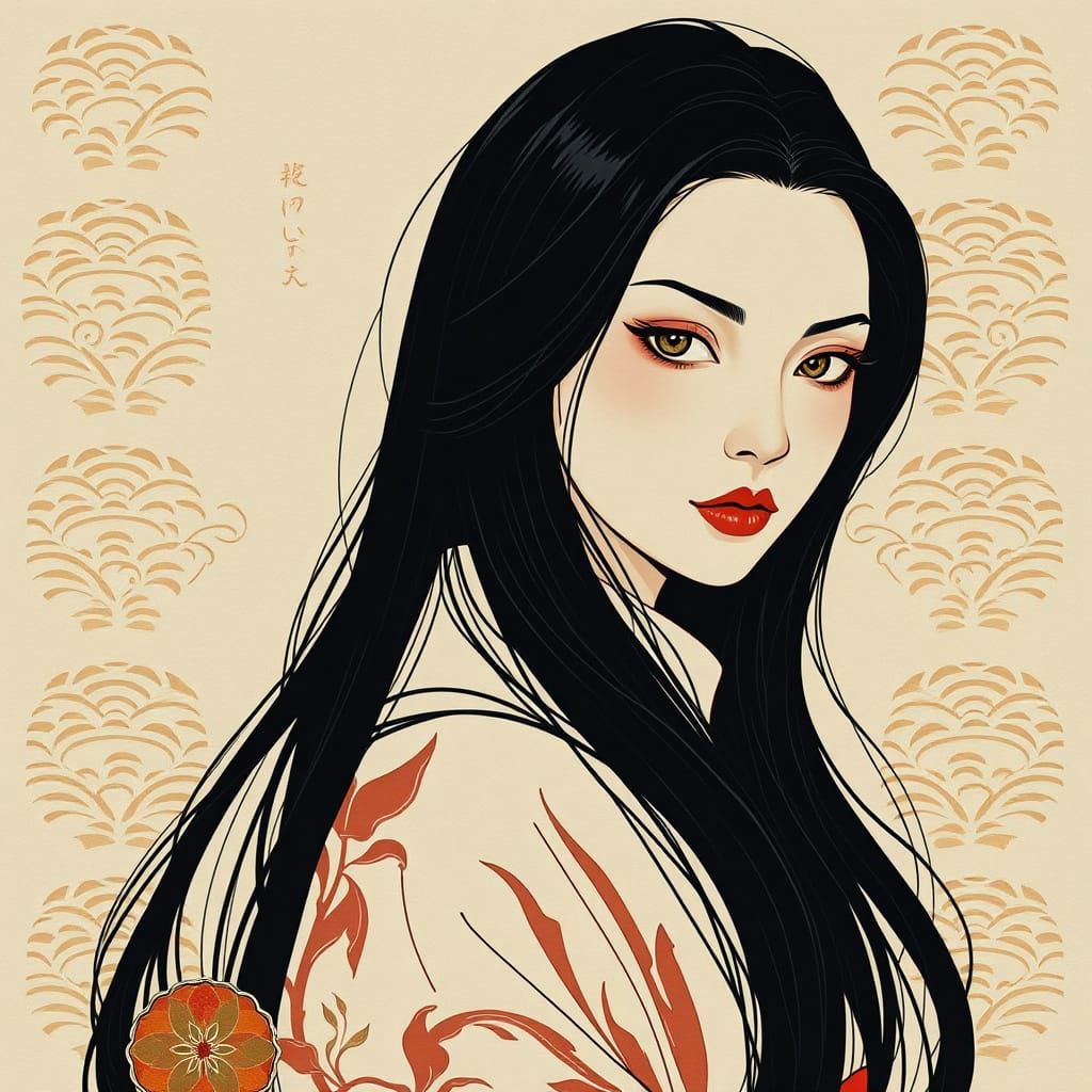 Elegant Kimono Woman with Intricate Paper Cutting Background