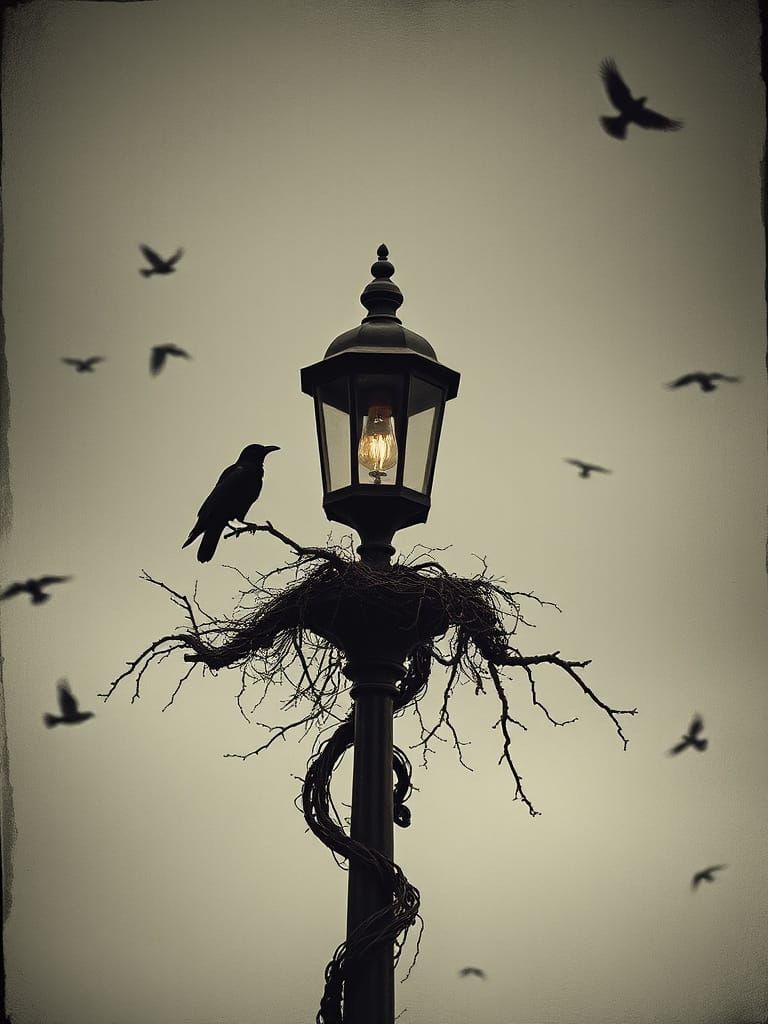 Vintage Street Lamp with Crow: Dark & Moody Atmosphere